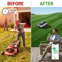 I215 8.6 In. Robot Lawn Mower (1/2 Acre) Lidar + Vision, Auto Mapping, App Control, Multi-Zone, AI Obstacle Avoidance — Before & After